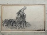 drawing of a woman sitting on the ground next to a dog