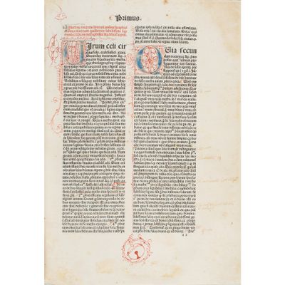an old book with a red and blue design on it