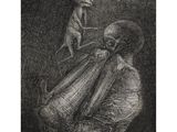 an image of a drawing of a man with a dog sitting on his lap