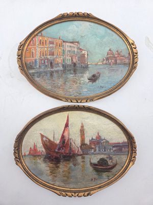 two paintings of boats on a body of water with buildings in the background