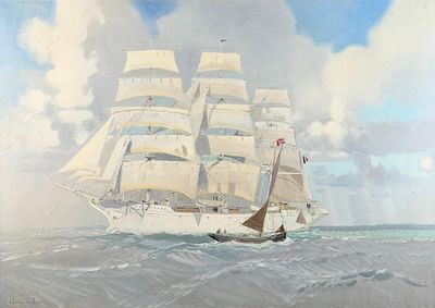 painting of a tall ship sailing in the ocean with clouds in the background