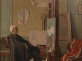 tableau représentant un vieil homme assis sur une chaise devant un tableau