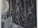 dessin représentant un livre ouvert posé sur une table, à côté d'une lampe
