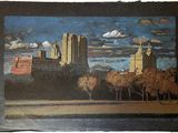 a painting of a painting of a city with trees