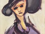 une peinture à l'huile représentant une femme coiffée d'un grand chapeau noir