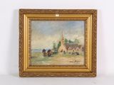 une peinture à l'huile représentant une église devant laquelle se trouve une calèche
