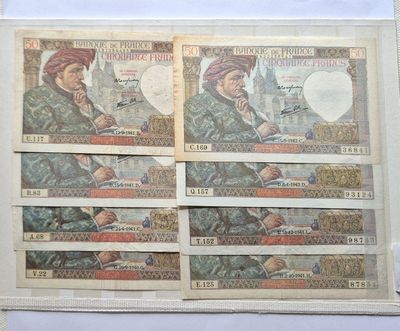 50 francs Jacques Coeur lot de 8 billets dates différentes, …