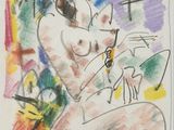 dessin représentant une femme nue assise sur une chaise, une montre à la main