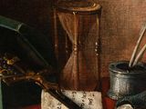 an image of a painting of a still life with a clock and other objects