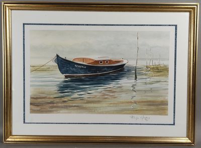 aquarelle encadrée représentant un bateau sur un plan d'eau