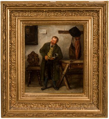 a painting of a man sitting at a table in a room