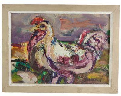 an oil painting of a rooster in a white frame on a white background