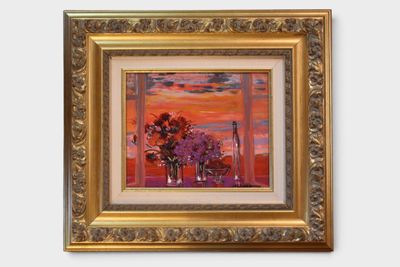 a painting of flowers in a vase on the wall
