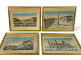 three framed pictures of a city with a clock tower and a clock tower