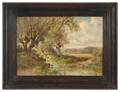 un tableau représentant un paysage avec des arbres et de l'eau