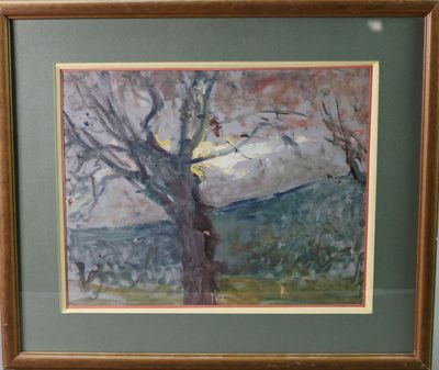 tableau représentant un arbre sur lequel est perché un oiseau, dans un cadre