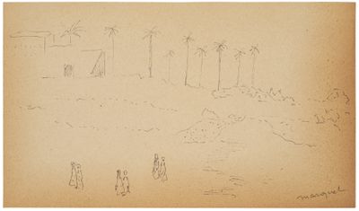 un dessin représentant un groupe de personnes debout devant des arbres