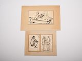 two framed drawings of people on a boat and a man on a boat
