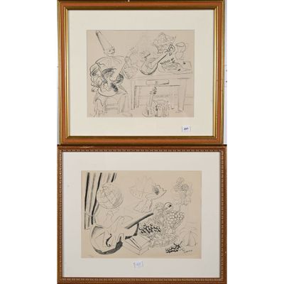 deux dessins encadrés représentant un homme jouant de la guitare et une femme jouant de la guitare