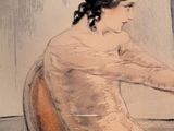 a drawing of a woman sitting at a desk