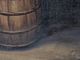 a painting of a wooden barrel on a table