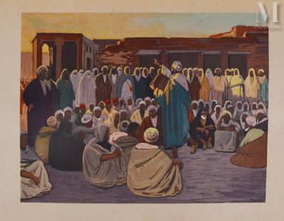 tableau représentant un groupe de personnes assises face à une foule