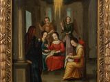 an oil painting of a group of people gathered around a baby