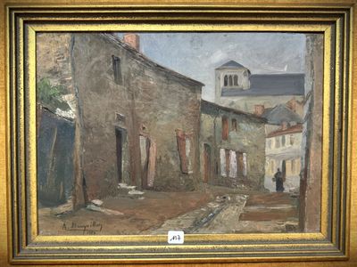une peinture à l'huile représentant une scène de rue avec une église à l'arrière-plan
