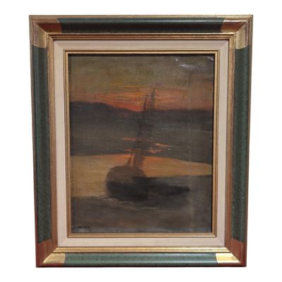 an oil painting of a sailboat in the water at sunset