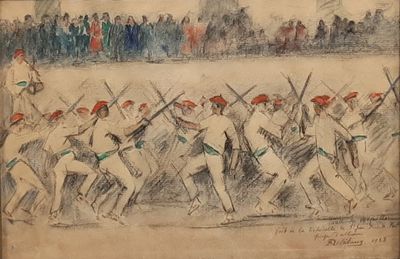 drawing of a group of men in uniform marching in front of a crowd