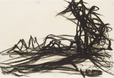 une image représentant un dessin en noir et blanc d'un arbre dans un champ