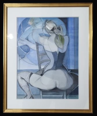 painting of a woman sitting on a chair in a blue room