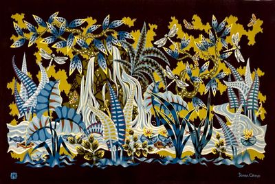 a picture of a painting of a forest with animals
