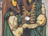 a painting of two people dressed in green and gold