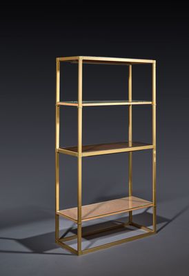 a brass bookcase with glass shelves on a dark background