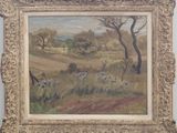 une image d'un tableau représentant un paysage dans un cadre doré