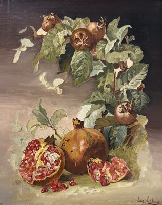une peinture à l'huile représentant des grenades et des feuilles posées sur une table