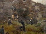 tableau représentant un groupe d'hommes sur une colline, avec un cheval