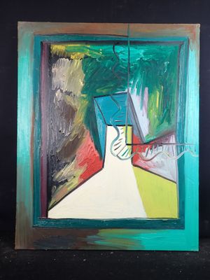 a picture of a painting of a vase on a table