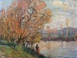 an oil painting of a couple fishing on a river with a city in the background