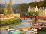 tableau représentant des bateaux sur une rivière, avec des maisons en arrière-plan