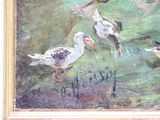 a painting of ducks on the grass by the water