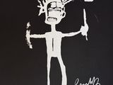 a black and white drawing of a man holding a knife