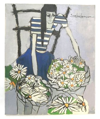 peinture d'une femme assise sur une chaise avec un panier de marguerites devant elle
