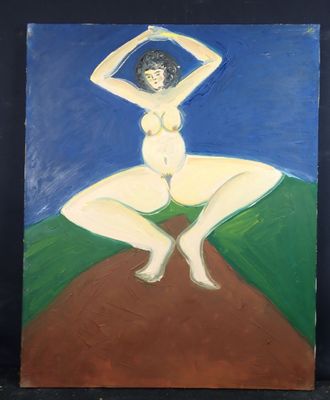 une peinture à l'huile représentant une femme assise au sommet d'une colline verte