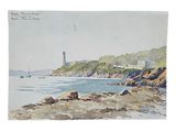 watercolor painting of a lighthouse on a rocky coast with a boat in the water