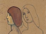 drawing of two women standing next to each other in front of a wall
