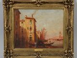 une peinture à l'huile représentant une scène d'un canal de Venise avec une gondole au premier plan