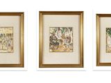 three framed paintings of a group of people on a white background