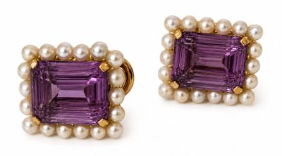 an image of a pair of amethorate and pearl earrings